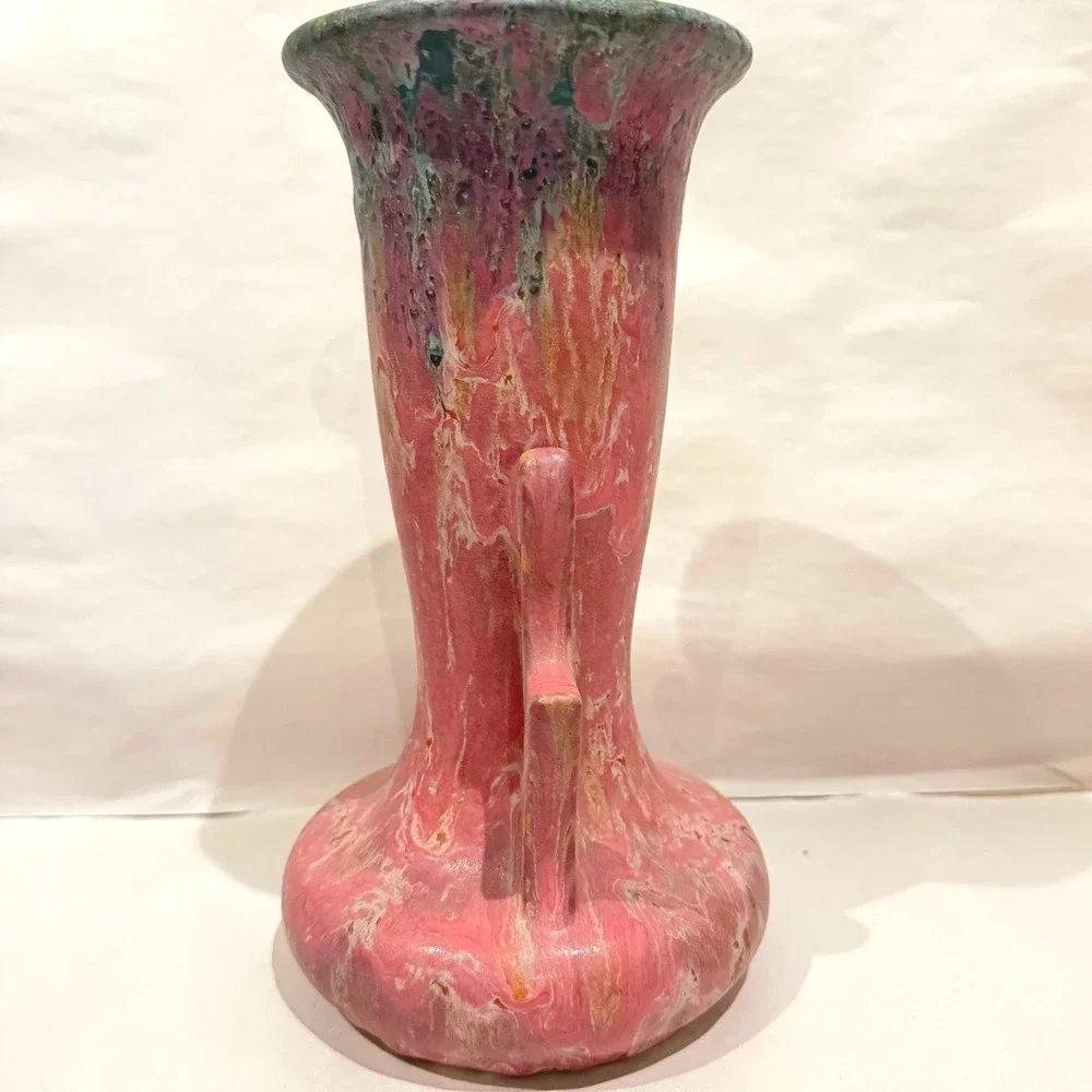 Antique Roseville Carnelian II 316-10 Pink Rose Drip Glaze Vase OG Crayon 1915